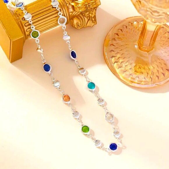 Colorful Gemstone Choker Necklace Silver Boho Hippie Adjustable Stones Rainbow - Picture 2 of 3